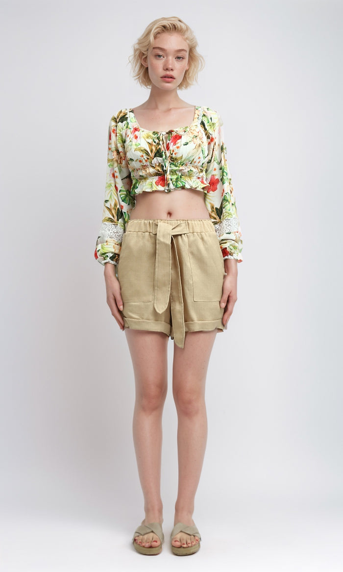Tropical Floral Lace-Trimmed Cropped Top - O193477