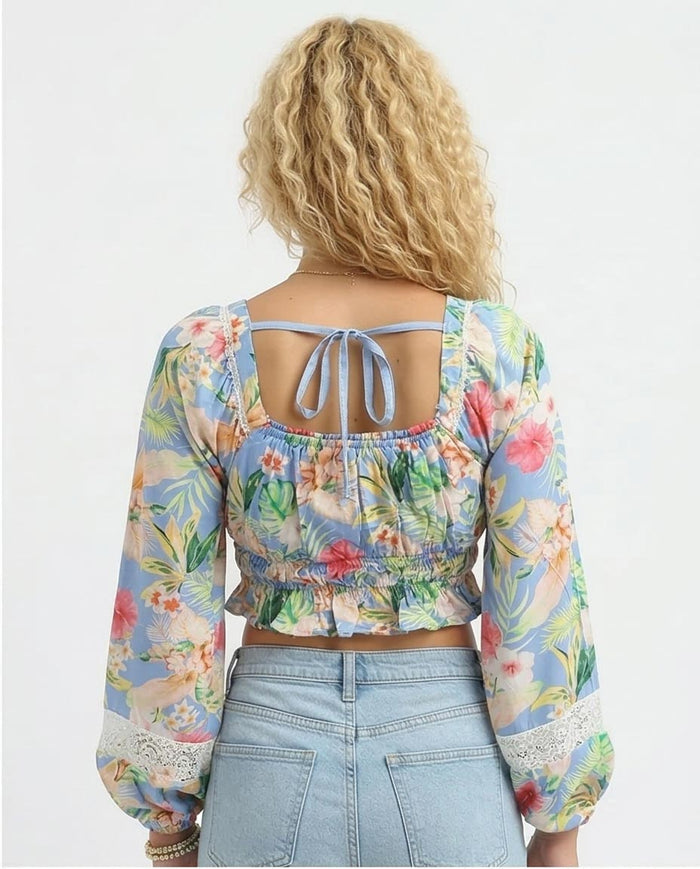 Tropical Floral Smocked Long Sleeve Crop Top - O193476