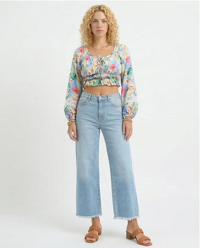 Tropical Floral Smocked Long Sleeve Crop Top - O193476
