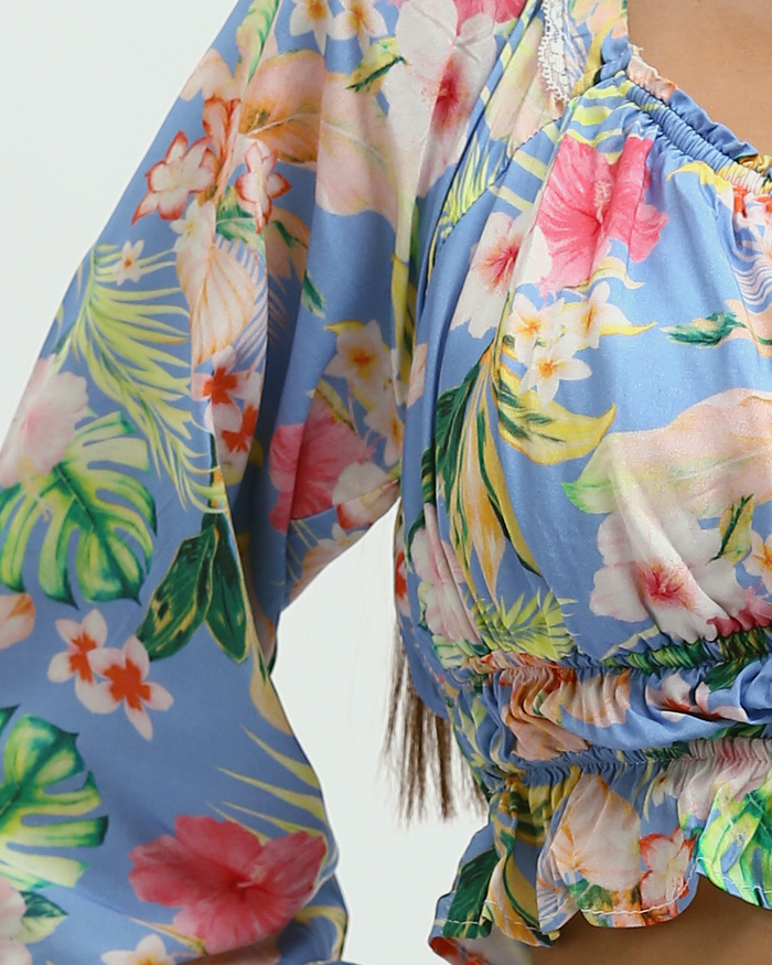 Tropical Floral Smocked Long Sleeve Crop Top - O193476