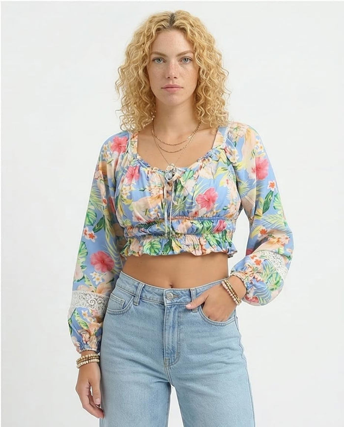 Tropical Floral Smocked Long Sleeve Crop Top - O193476