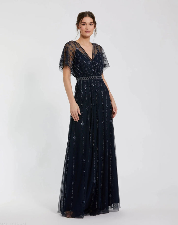 Navy V Neck Embellished Flutter Sleeve A Line Gown - Mac Duggal