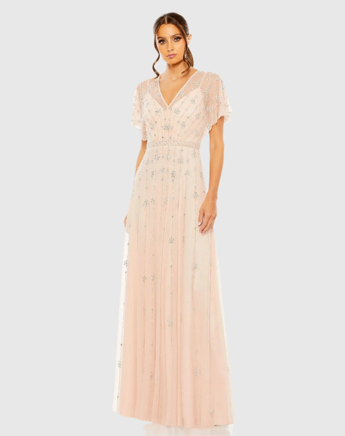 Pink V Neck Embellished Flutter Sleeve A Line Gown - Mac Duggal