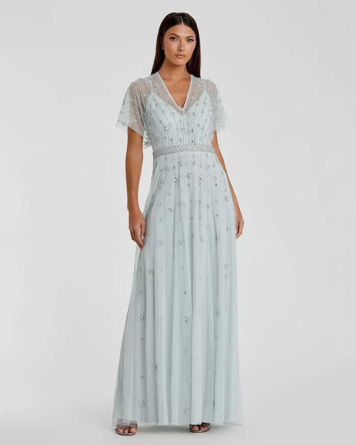 Blue V Neck Embellished Flutter Sleeve A Line Gown - Mac Duggal