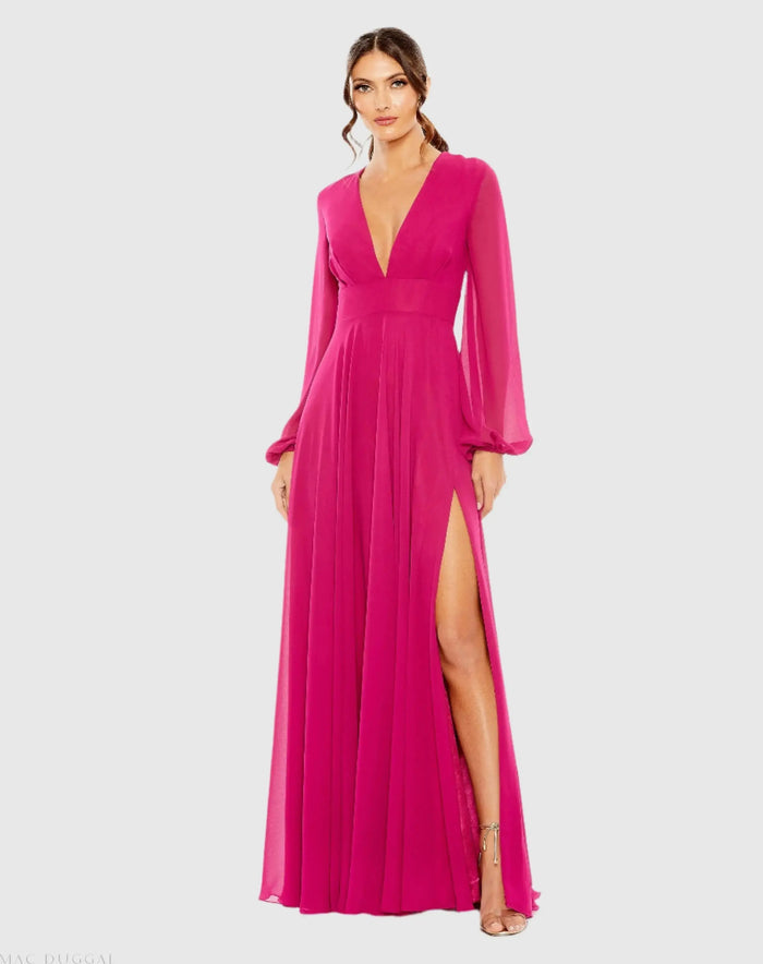 Purple V-Neck Illusion Long Sleeve Chiffon Gown - Mac Duggal