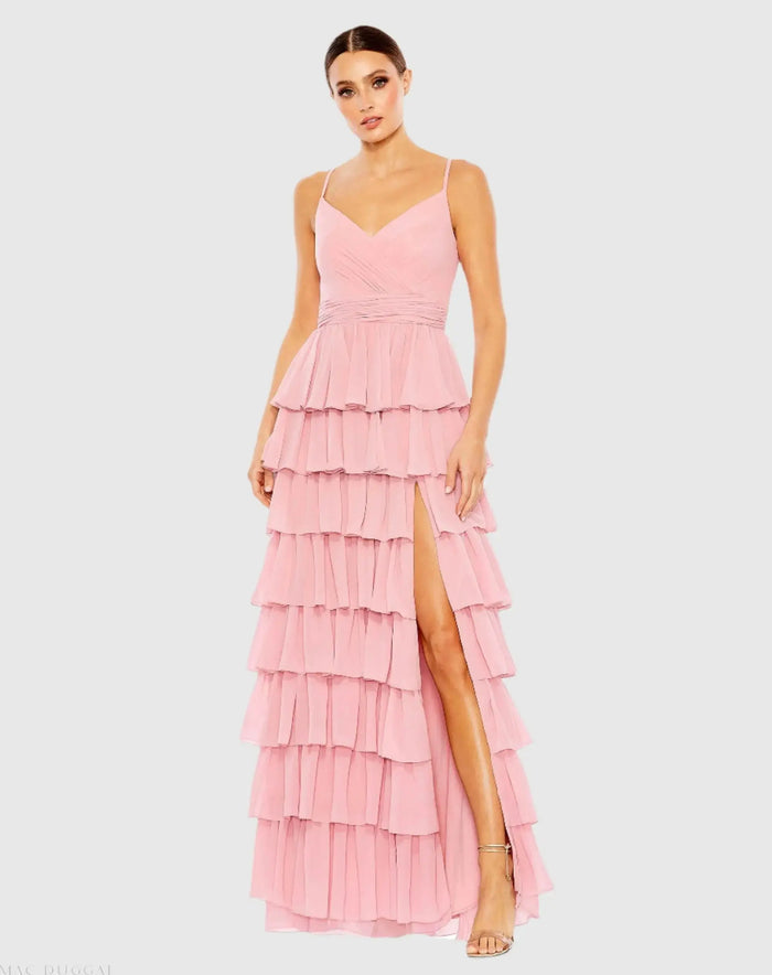 Pink V-Neck Sleeveless Gown with Ruffled Skirt - Ieena for Mac Duggal