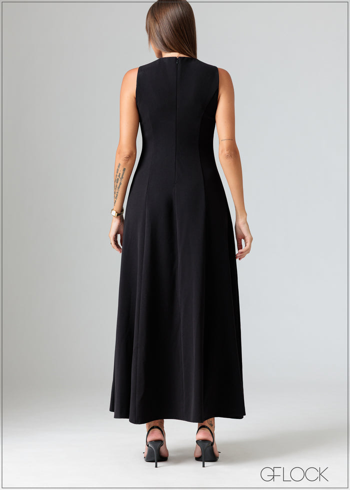 V-Neck Sleeveless Midi Dress - 070426