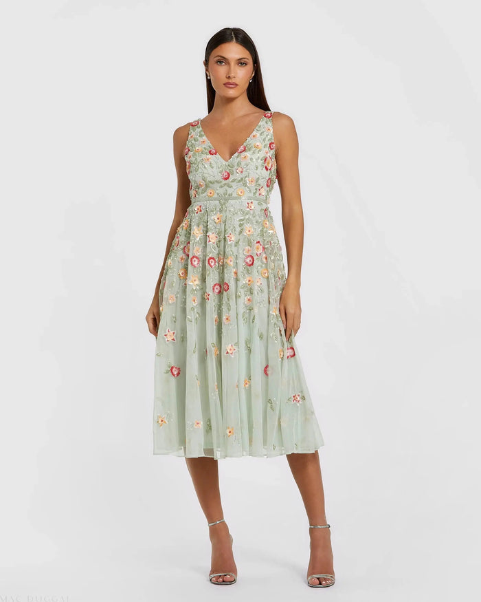 Green V-Neck Sleeveless Midi Floral Beaded A-line Dress - Mac Duggal