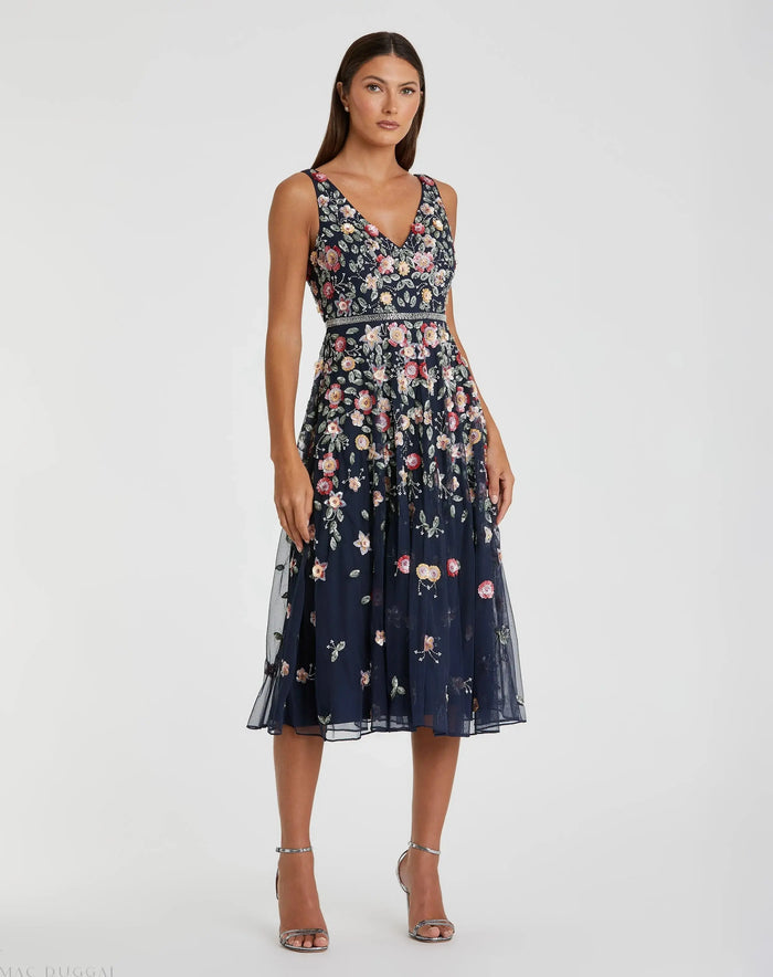 Navy V-Neck Sleeveless Midi Floral Beaded A-line Dress - Mac Duggal