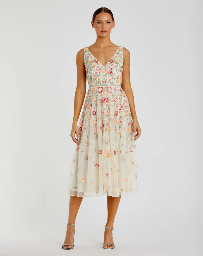 White V-Neck Sleeveless Midi Floral Beaded A-line Dress - Mac Duggal