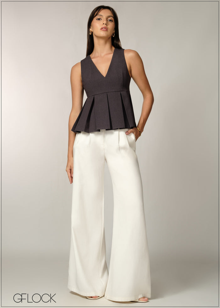V-Neck Sleeveless Pleated Top - 060726