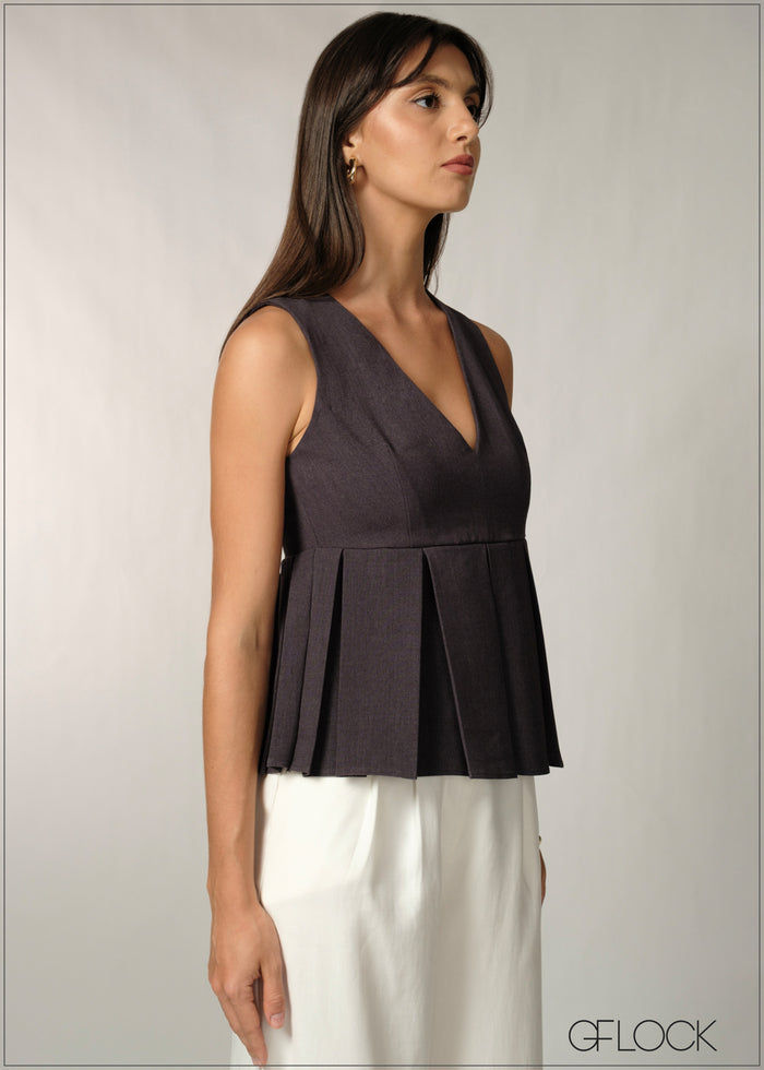 V-Neck Sleeveless Pleated Top - 060726