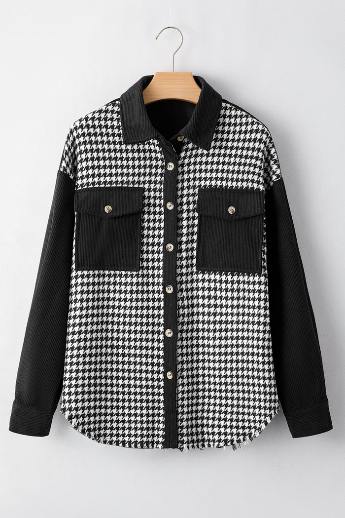Veste courte noire en velours côtelé pied-de-poule *