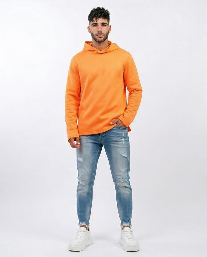 Vibrant Tangerine Side-Slit Relaxed Hoodie - O202346