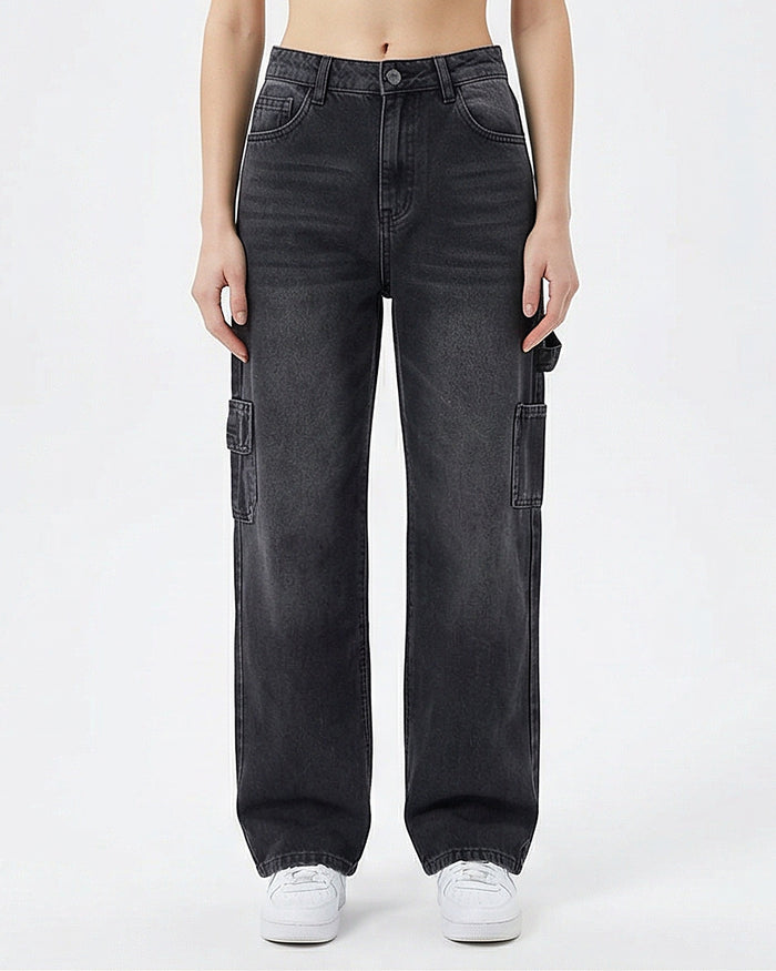 Washed Black High-Waist Wide-Leg Cargo Jeans - R205933