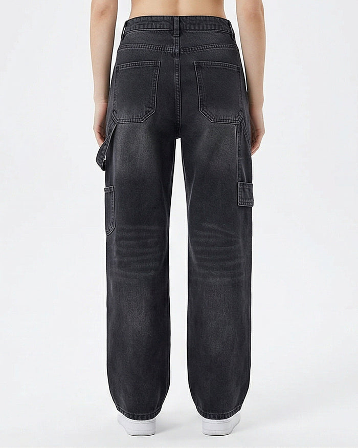 Washed Black High-Waist Wide-Leg Cargo Jeans - R205933