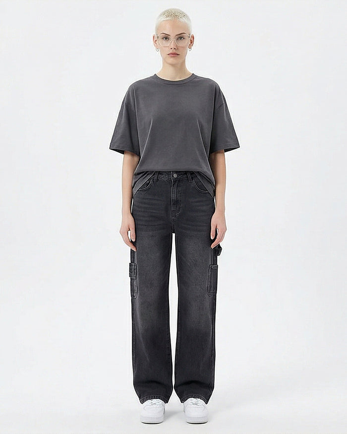 Washed Black High-Waist Wide-Leg Cargo Jeans - R205933