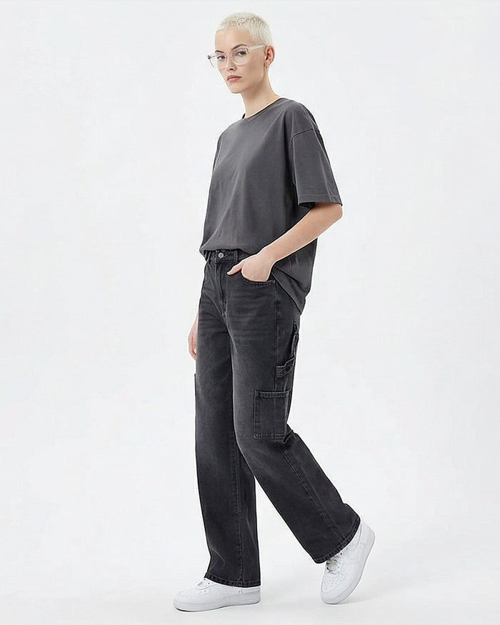 Washed Black High-Waist Wide-Leg Cargo Jeans - R205933