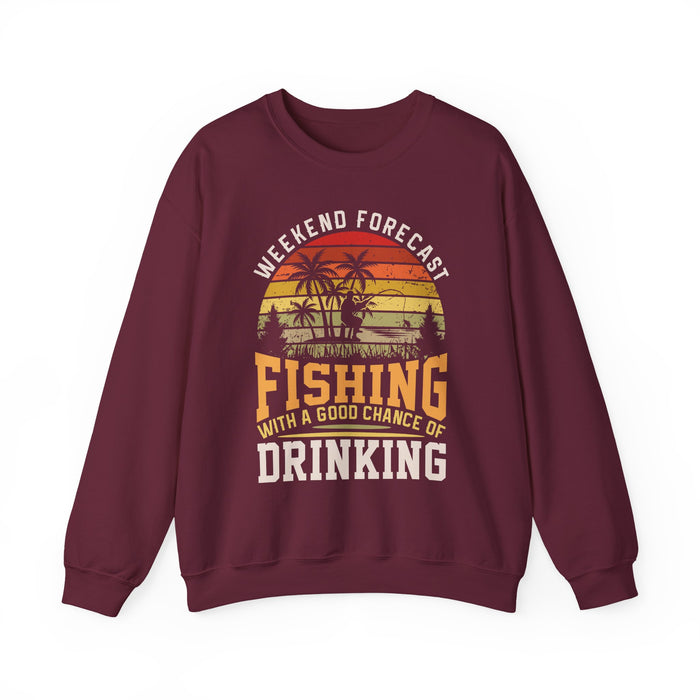 navy sweatshirt with fishing and drinking forecast slogan