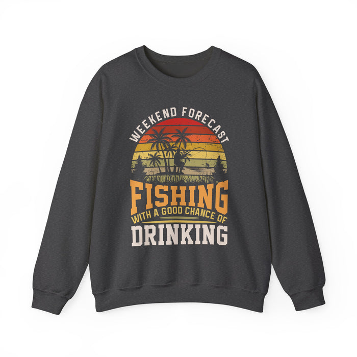 black sweatshirt with bold fishing weekend forecast graphic