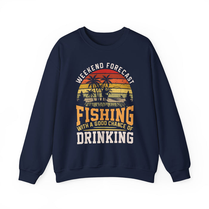 forest green sweatshirt with fishing chance of drinking design detail