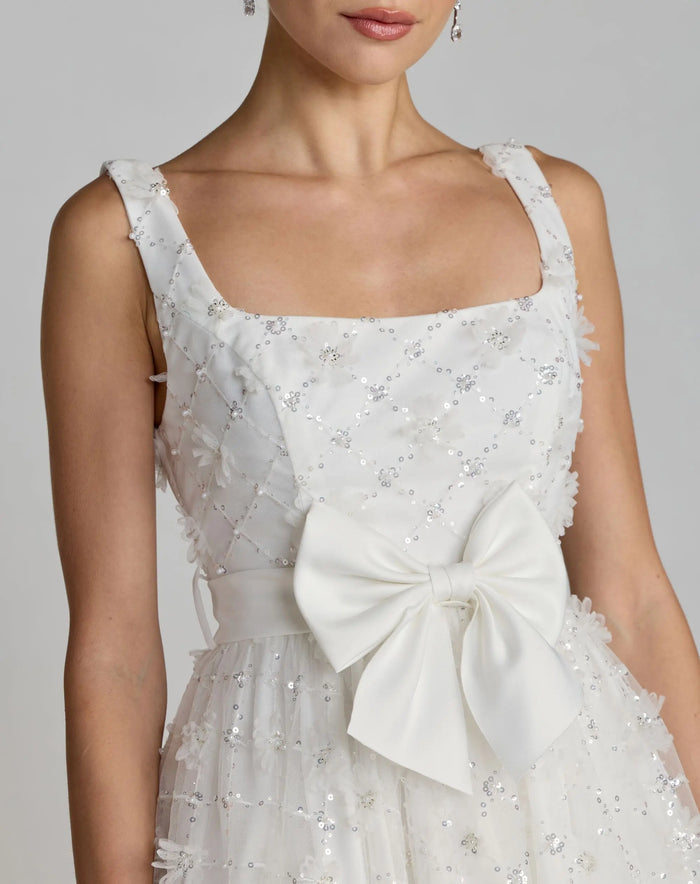 White Embellished Tulle Midi Dress with Satin Bow Ieena for Mac Duggal