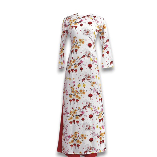 White Lanterns Print Ao Dai Set