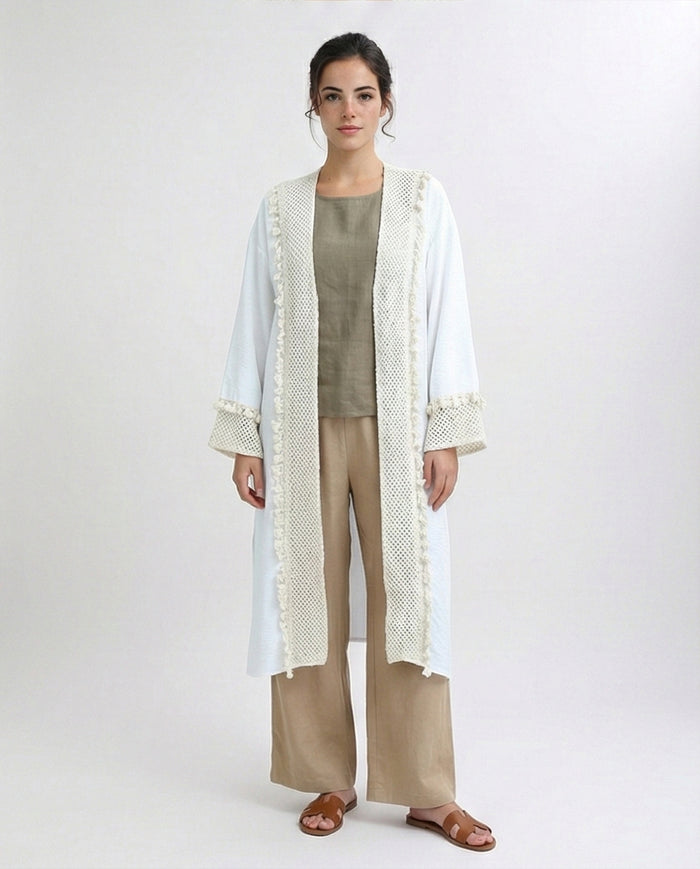 White Longline Crochet Trim Summer Cardigan - O198045