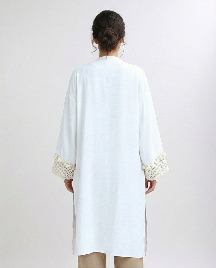 White Longline Crochet Trim Summer Cardigan - O198045