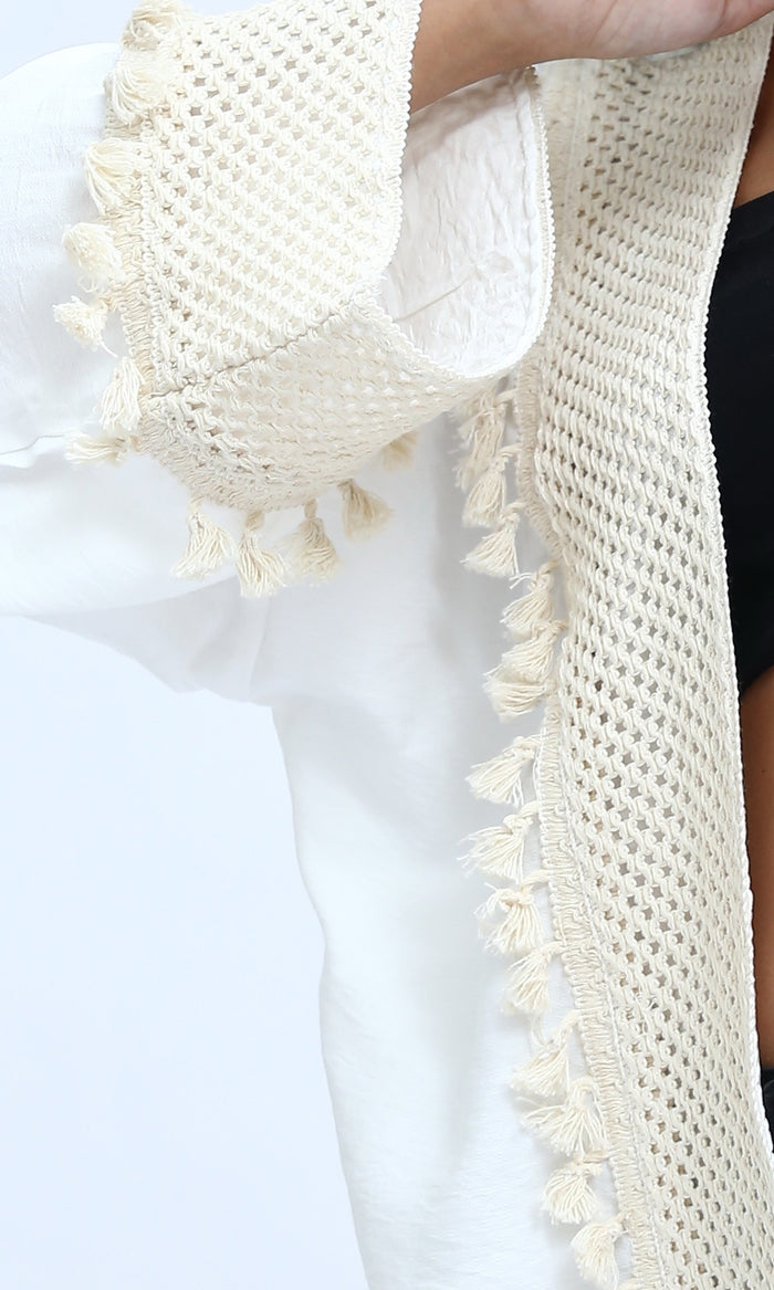 White Longline Crochet Trim Summer Cardigan - O198045