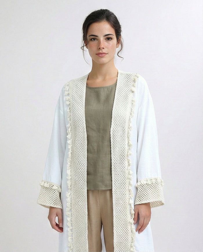 White Longline Crochet Trim Summer Cardigan - O198045