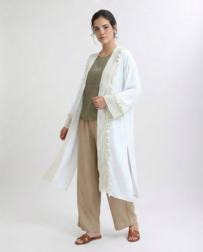 White Longline Crochet Trim Summer Cardigan - O198045