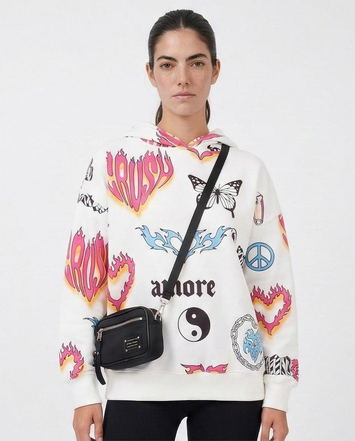 White Multi-Graphic Print Relaxed Fit Hoodie - O200017