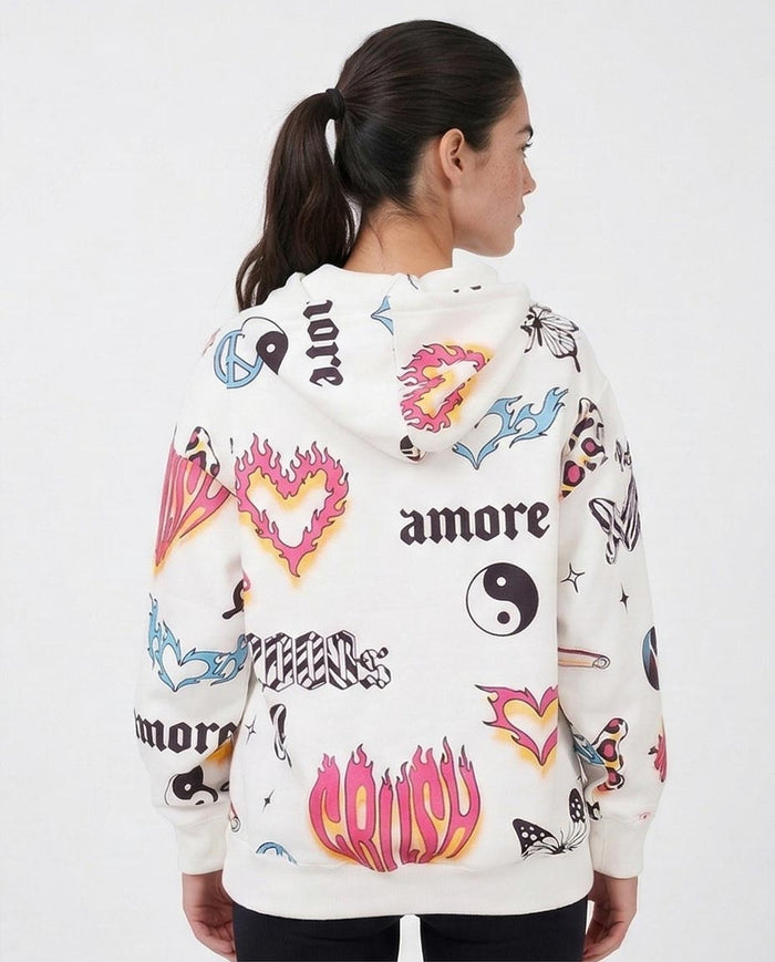 White Multi-Graphic Print Relaxed Fit Hoodie - O200017