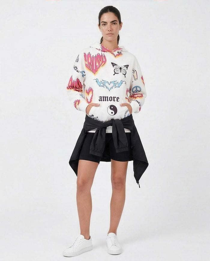 White Multi-Graphic Print Relaxed Fit Hoodie - O200017