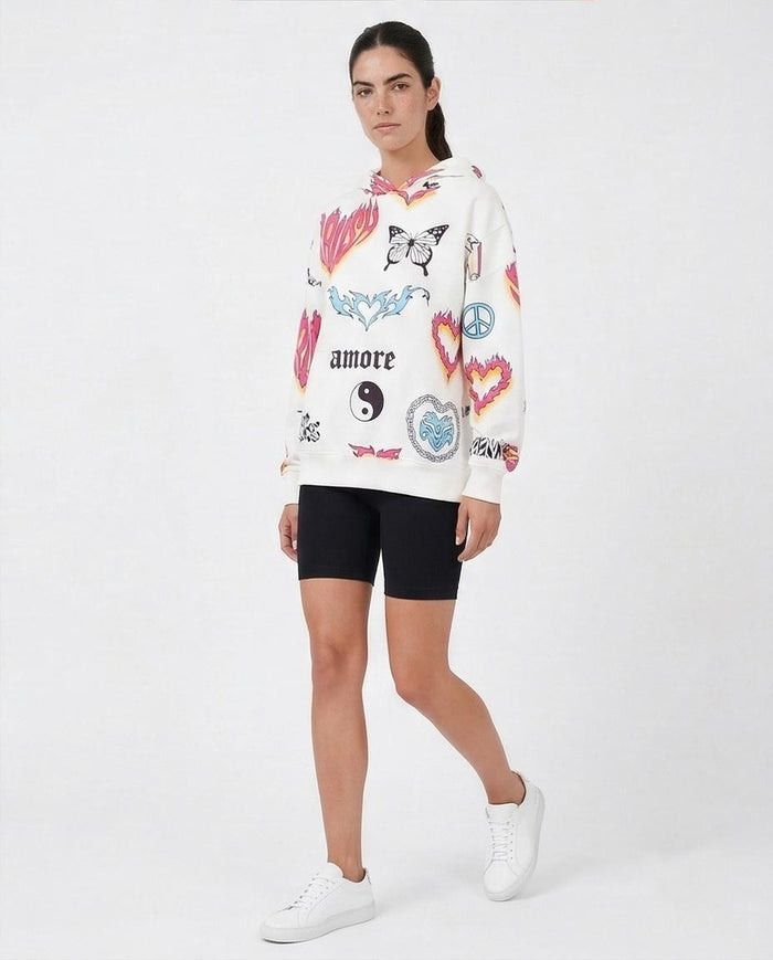 White Multi-Graphic Print Relaxed Fit Hoodie - O200017