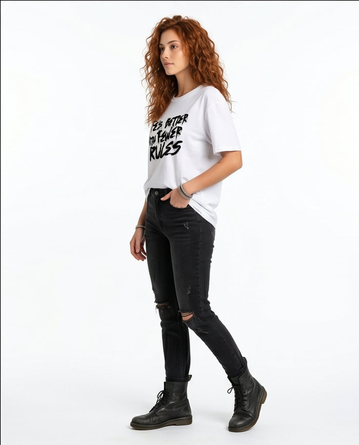 White Oversized Graphic Print Crew Neck Tee - R215763