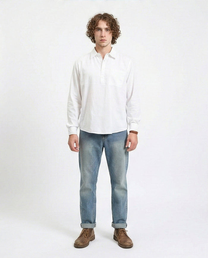 White Popover Long Sleeve Relaxed Shirt - R209771