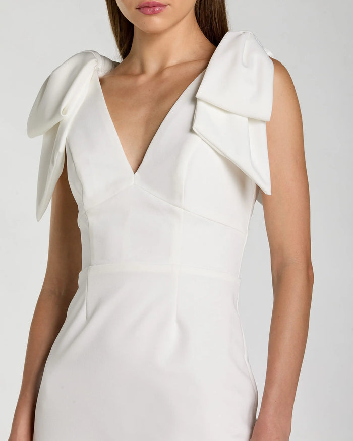 White Sleeveless Crepe Midi Dress with Bow Straps Ieena for Mac Duggal