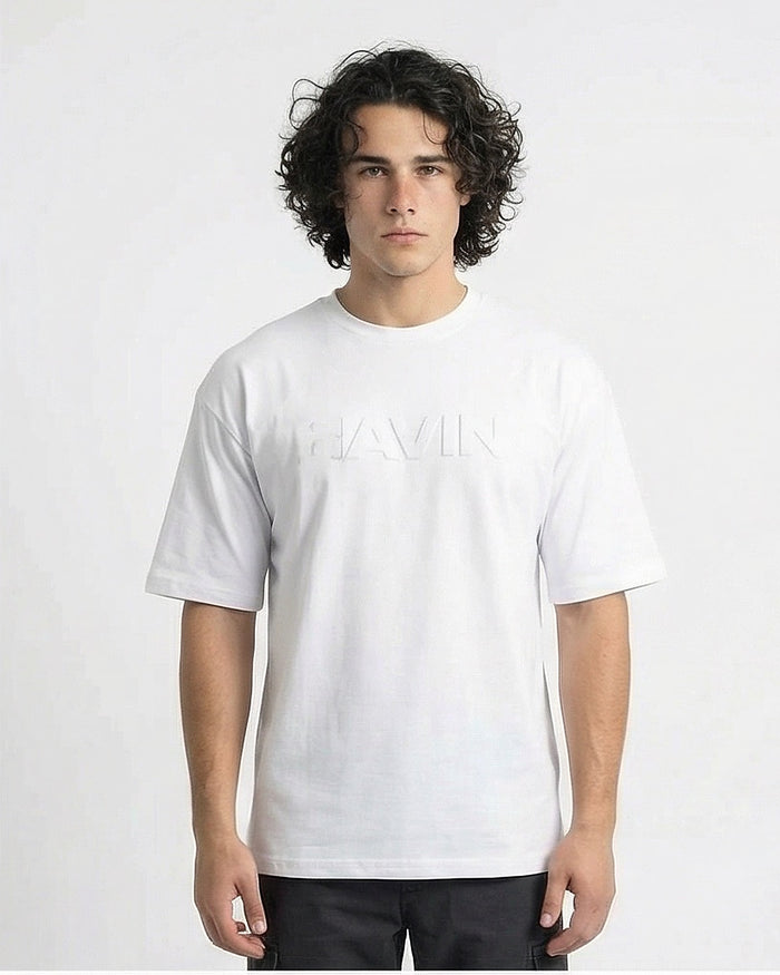 White Tonal Embossed Relaxed Fit Tee - R216291