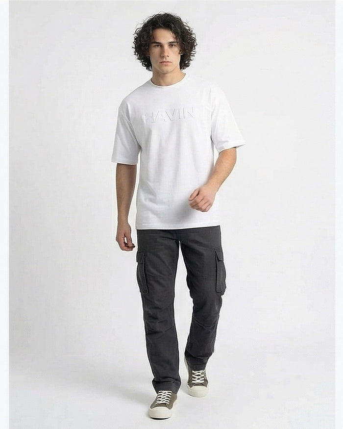 White Tonal Embossed Relaxed Fit Tee - R216291