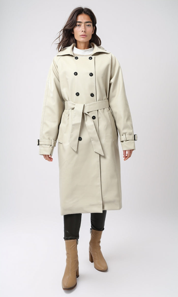 Women's Beige Double-Breasted Leather Trench Coat - O194911