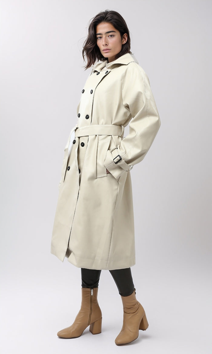 Women's Beige Double-Breasted Leather Trench Coat - O194911