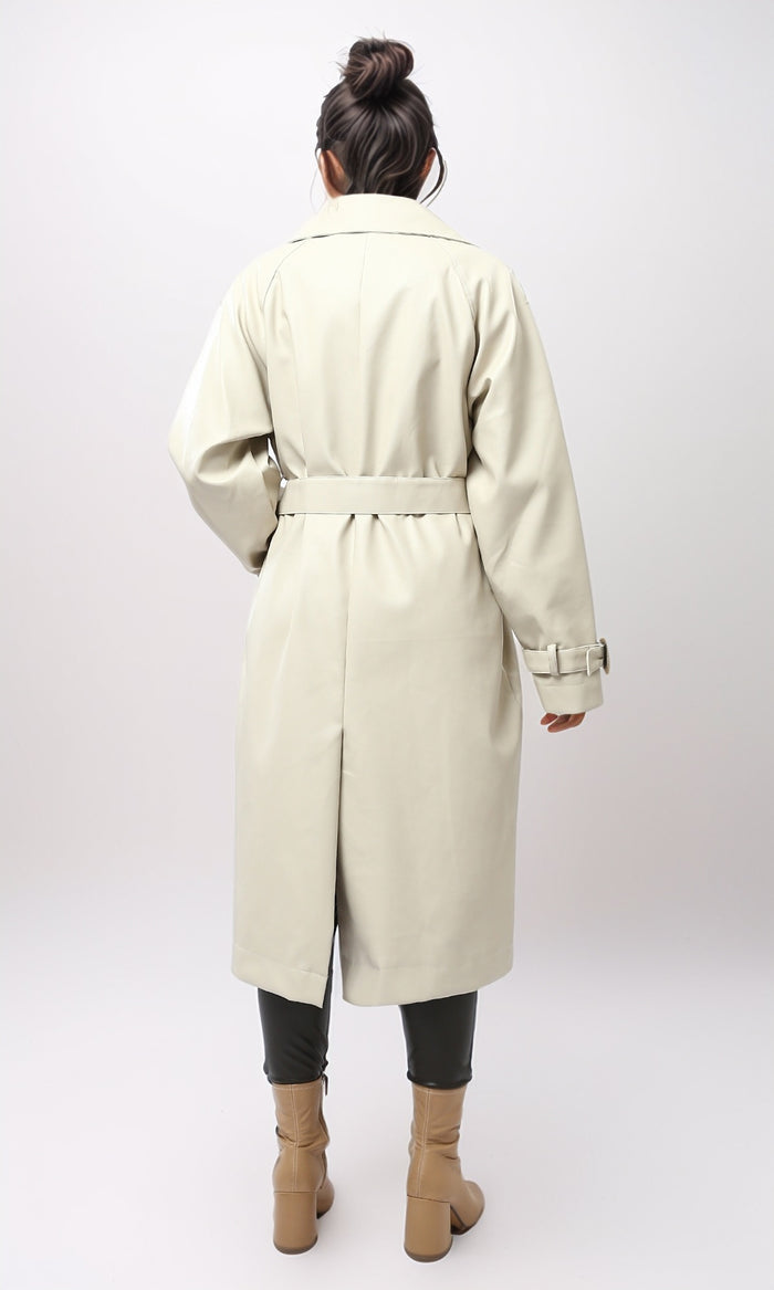 Women's Beige Double-Breasted Leather Trench Coat - O194911