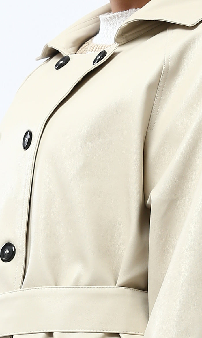 Women's Beige Double-Breasted Leather Trench Coat - O194911