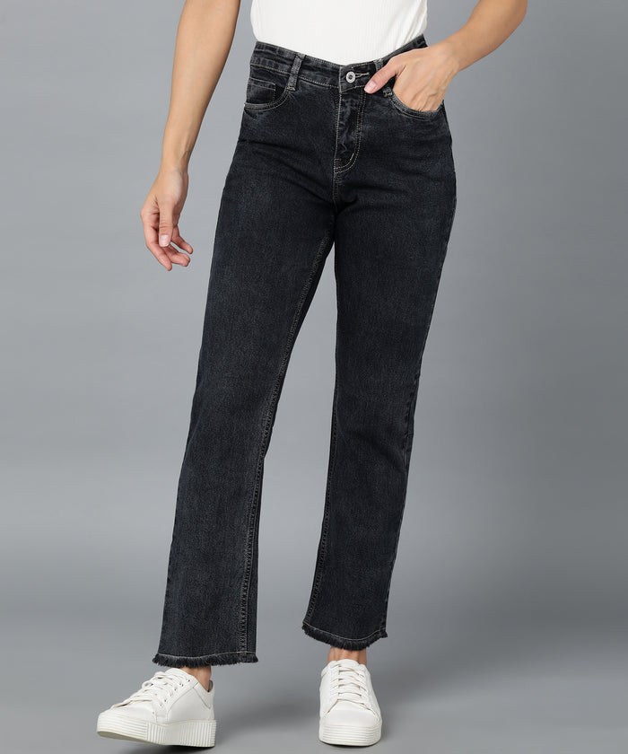 Women's Black Wide Leg Fit Washed Jeans