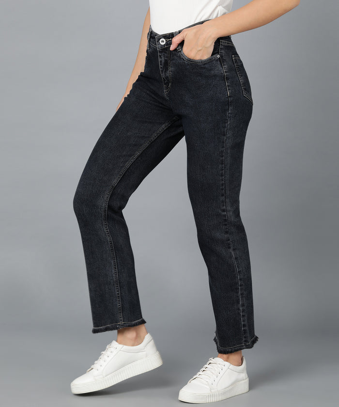 Women's Black Wide Leg Fit Washed Jeans