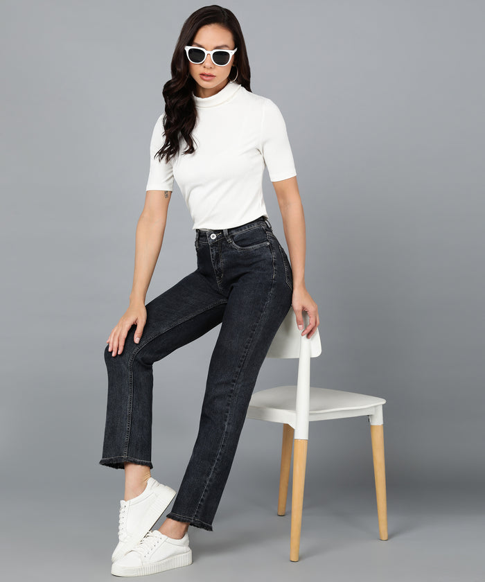 Women's Black Wide Leg Fit Washed Jeans
