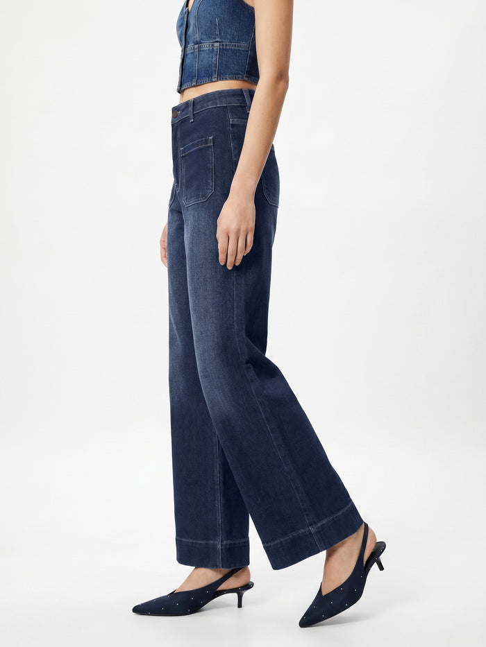 Women's Blue Mid Rise Wide-Leg Washed Jeans Non-Stretchable