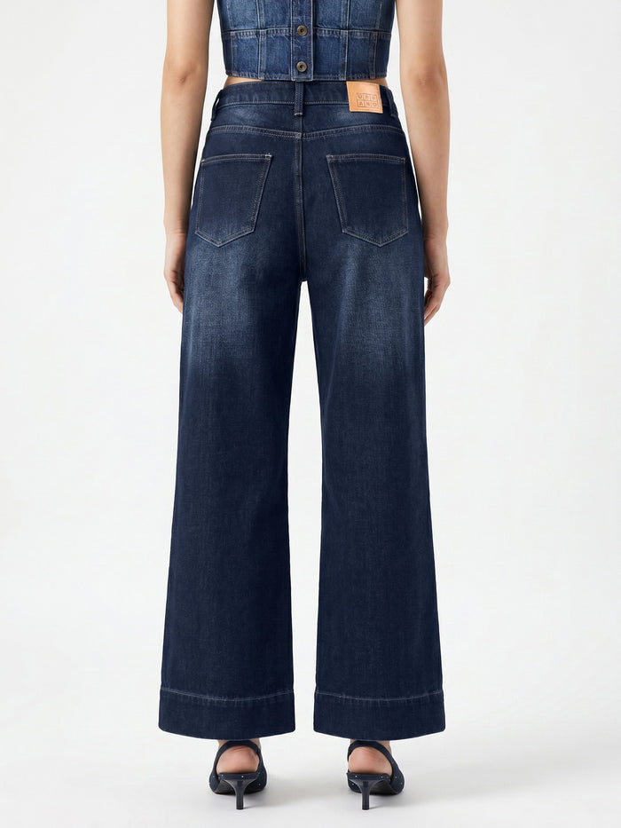 Women's Blue Mid Rise Wide-Leg Washed Jeans Non-Stretchable